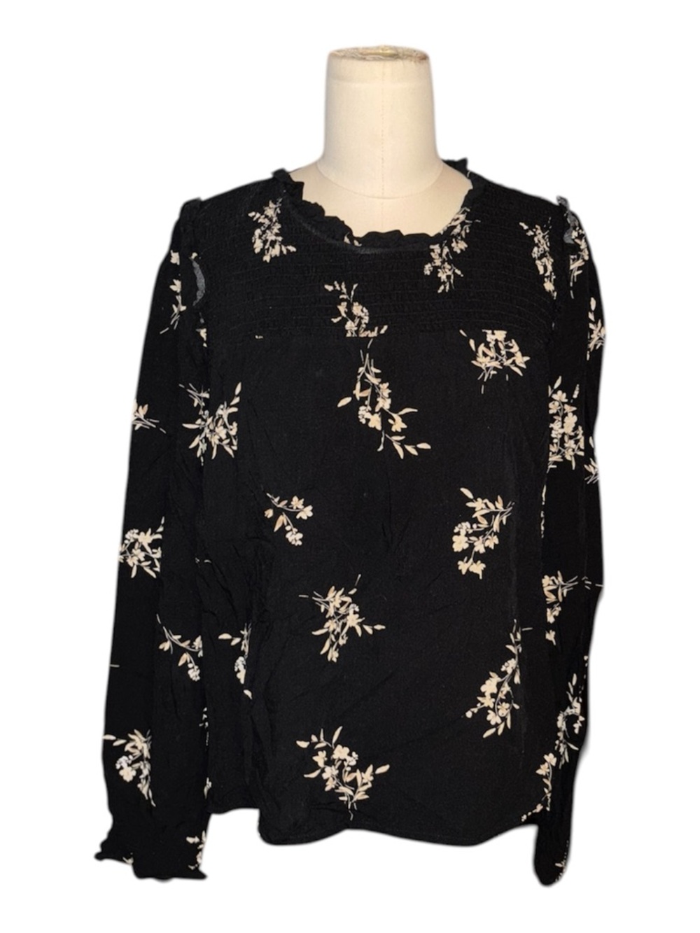 J. Crew Black Floral Long-Sleeve Smocked Yoke Blouse